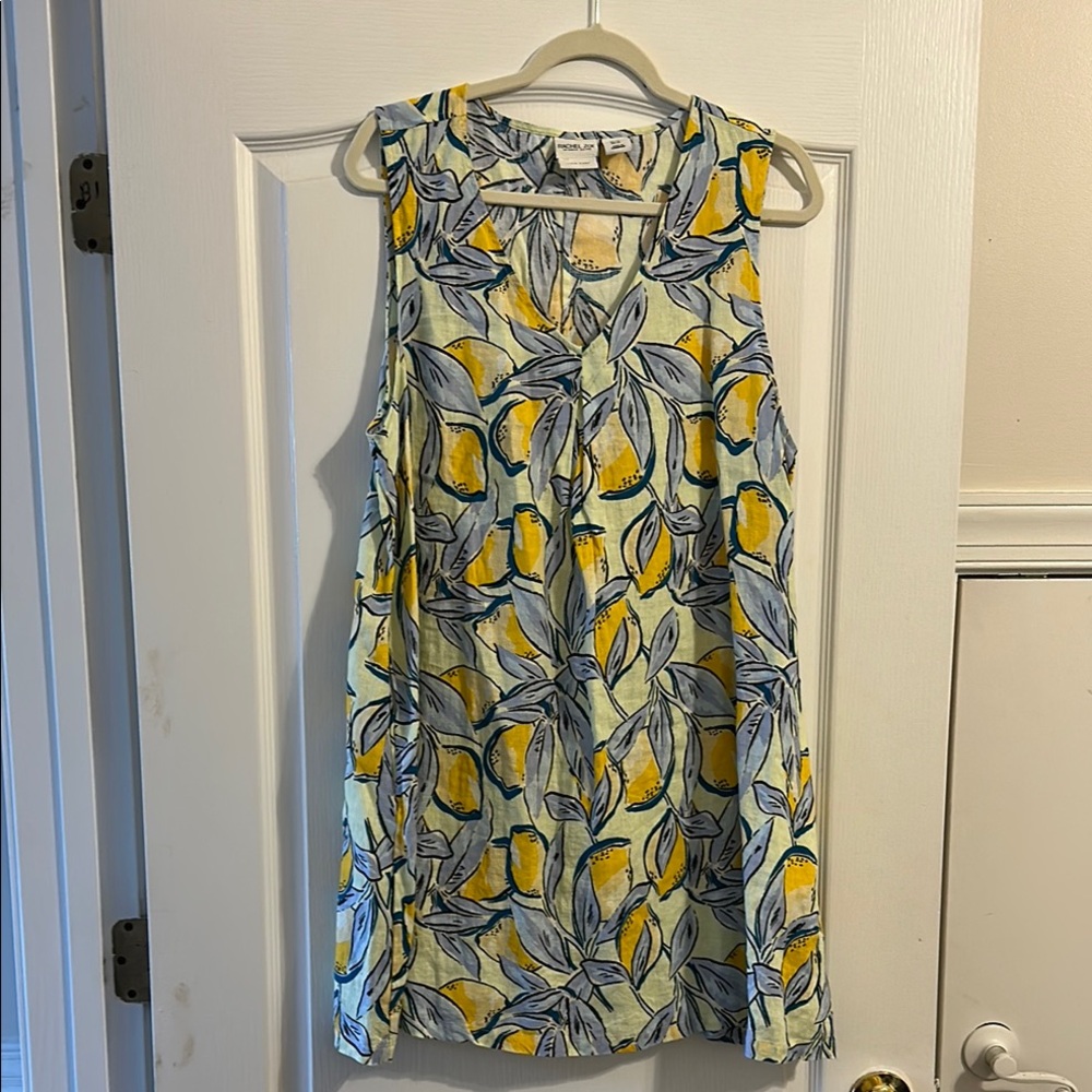 Sleeveless Lemon Print Linen Dress - Yellow and Blue